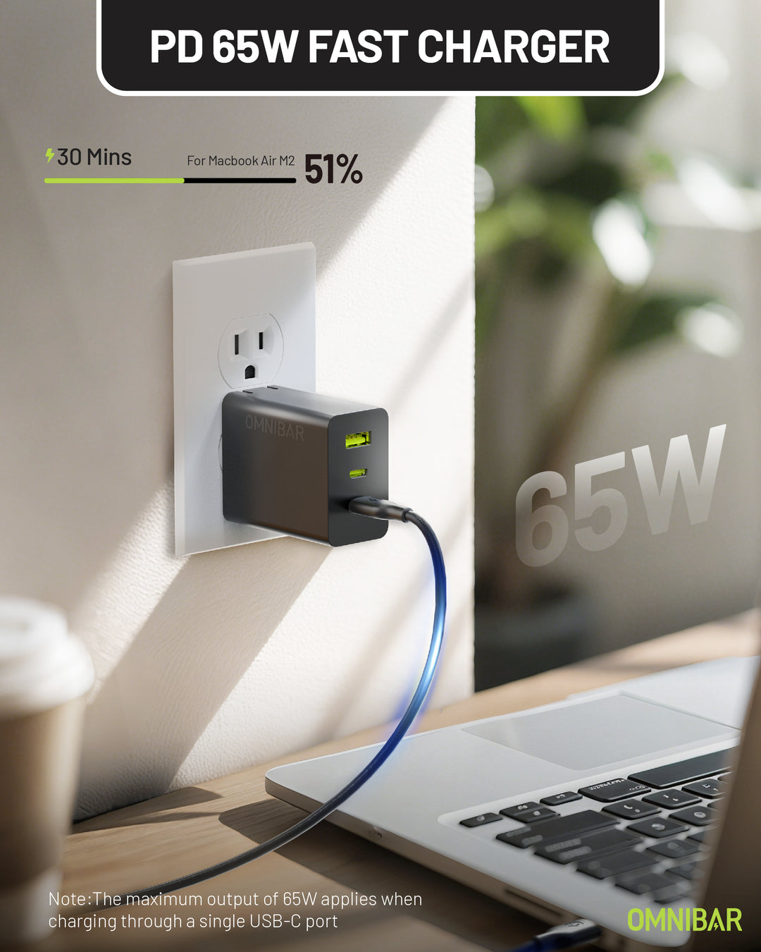 Omnibar  USB-C Foldable Fast Charger 65W, Black
