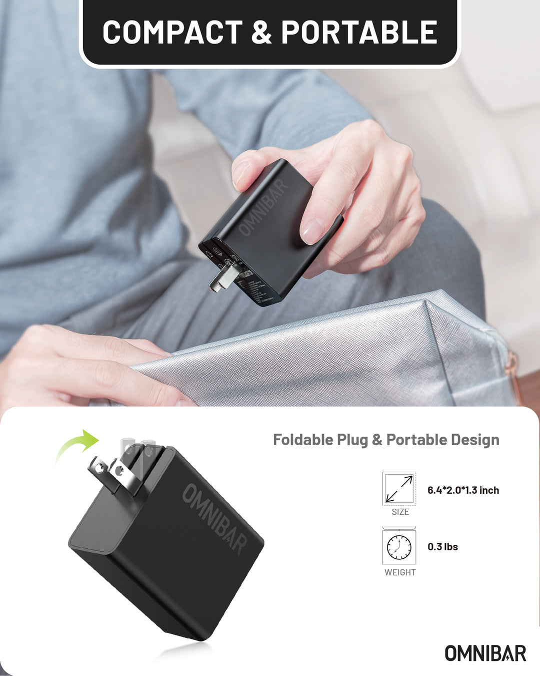 Omnibar  USB-C Foldable Fast Charger 65W, Black