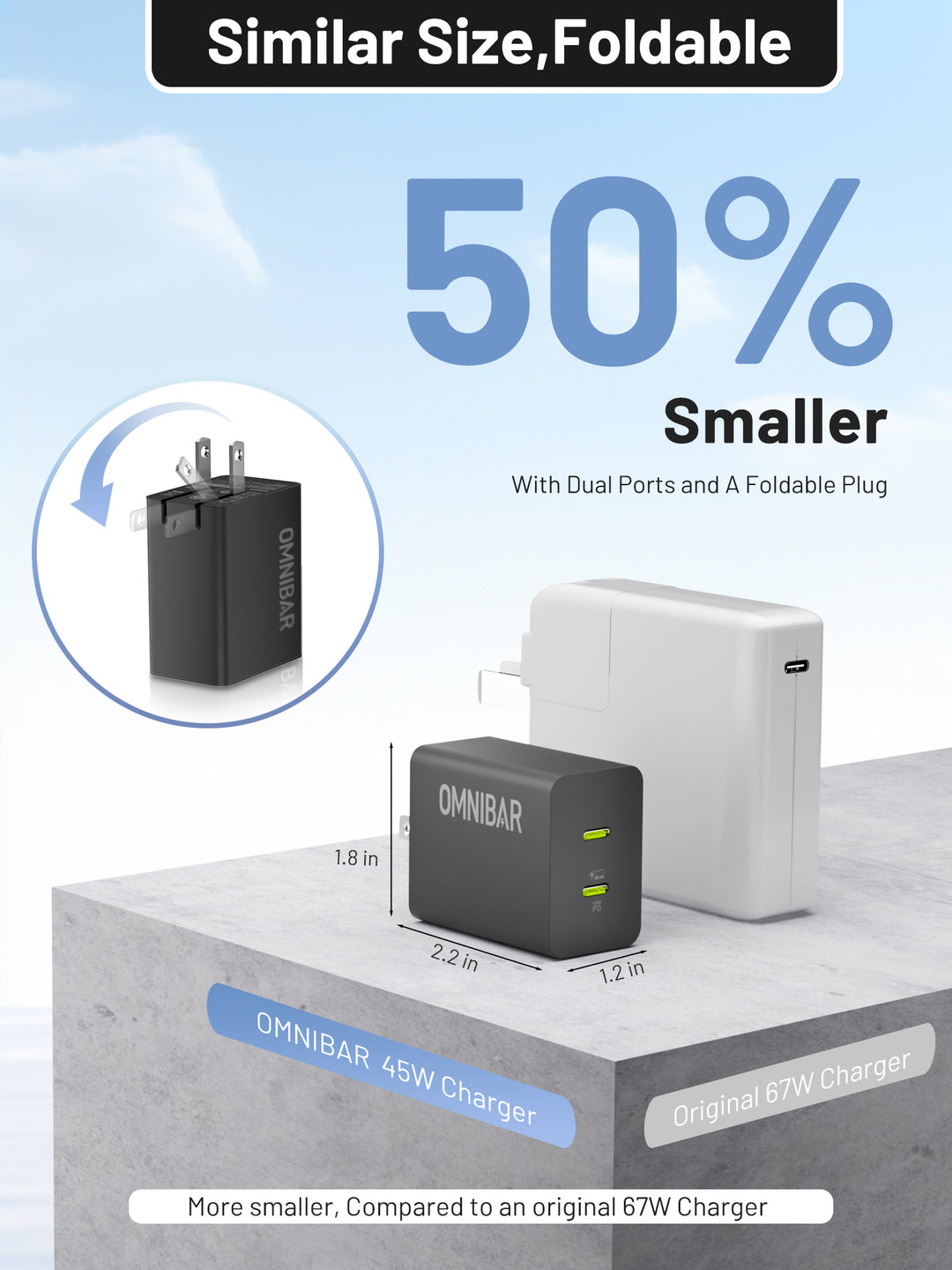 Omnibar  USB-C Foldable Fast Charger 45W, Black