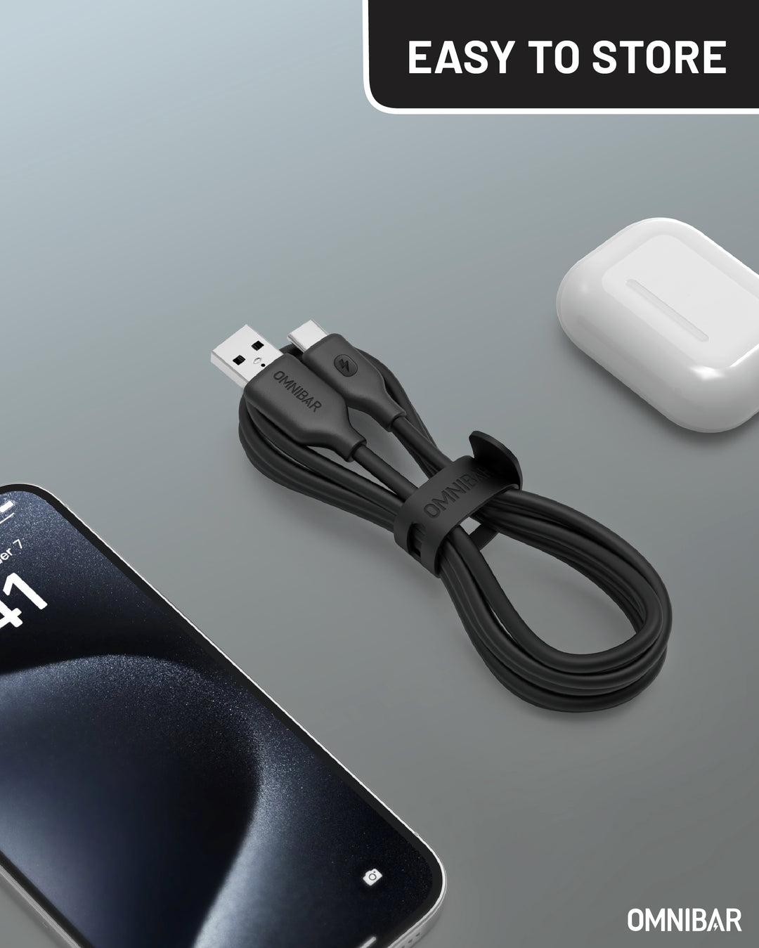 Omnibar USB A to USB C Cable (6FT, Silicone, Black)