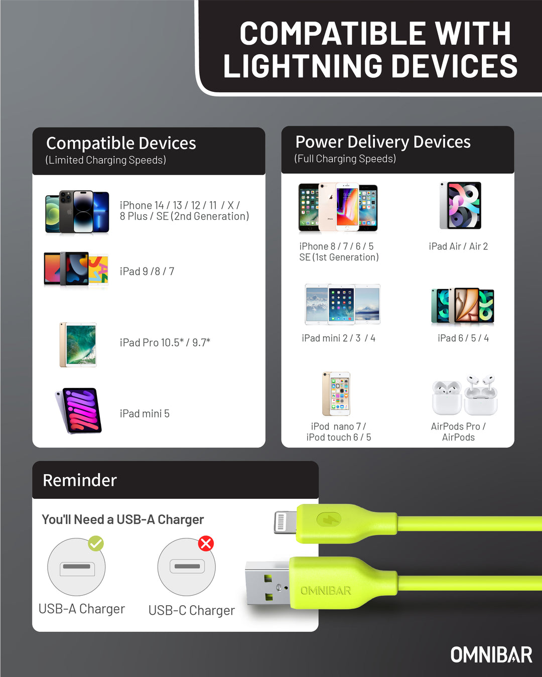 Omnibar USB A to Lightning Cable (6FT, Silicone, Lime Green)