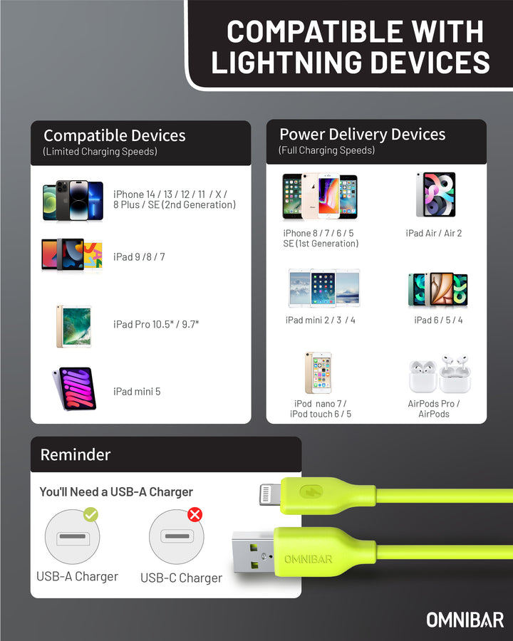 Omnibar USB A to Lightning Cable (6FT, Silicone, Lime Green)