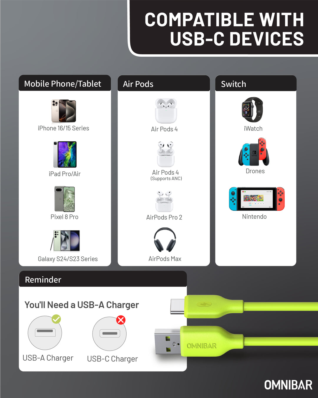 Omnibar USB A to USB C Cable (6FT, Silicone, Lime Green)