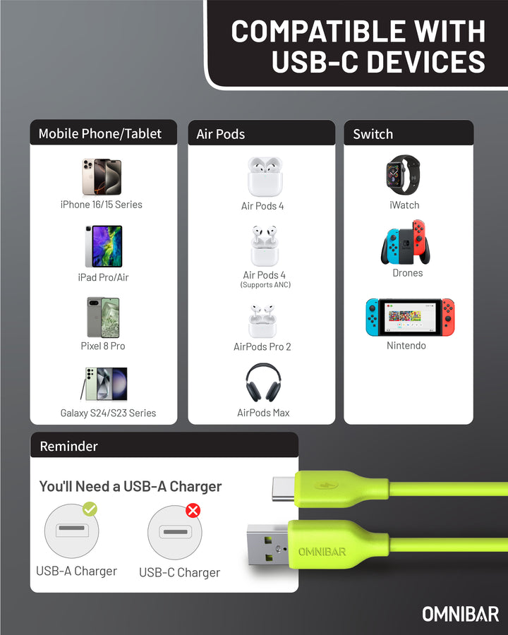 Omnibar USB A to USB C Cable (6FT, Silicone, Lime Green)