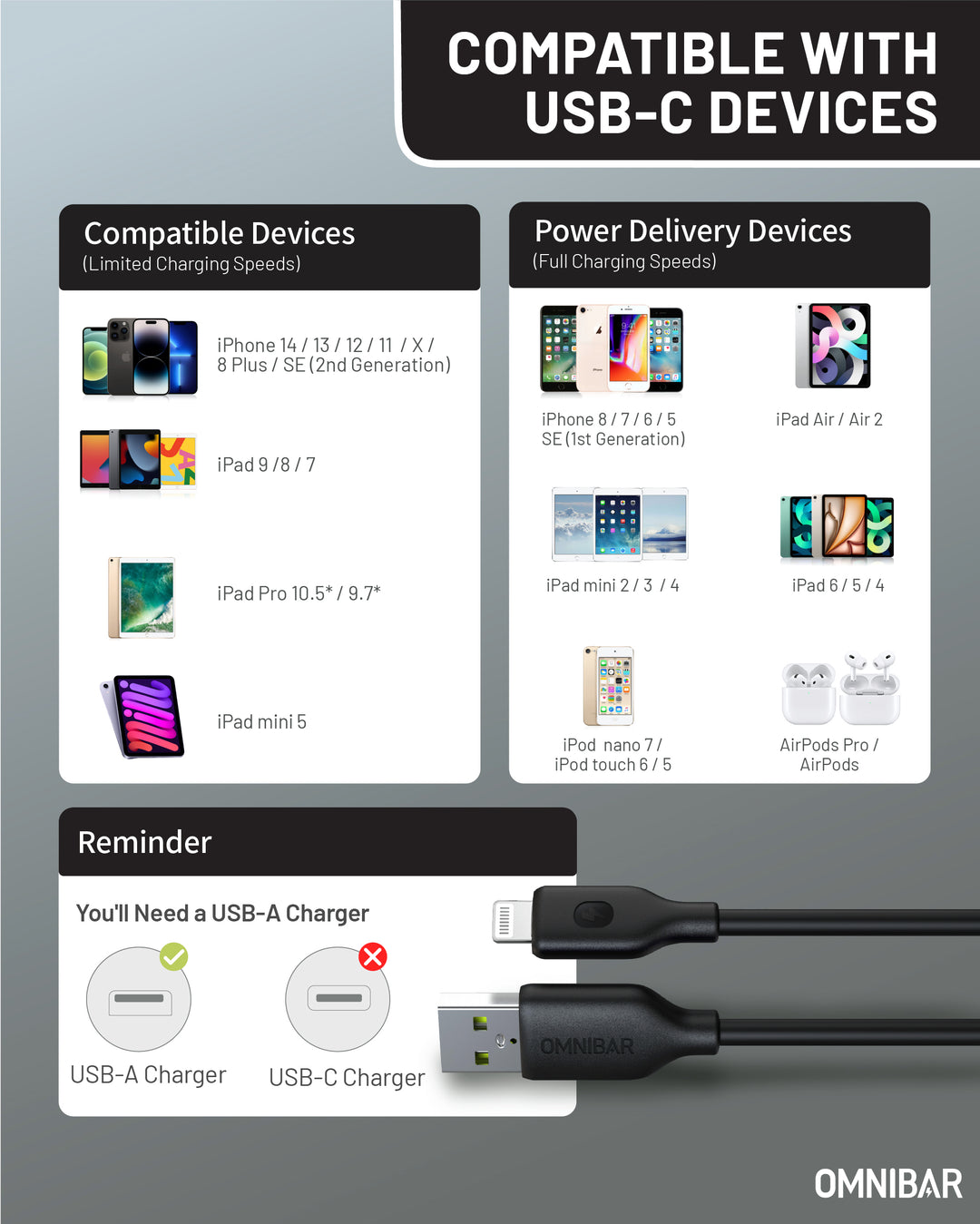 Omnibar USB A to Lightning Cable (6FT, Silicone, Black)