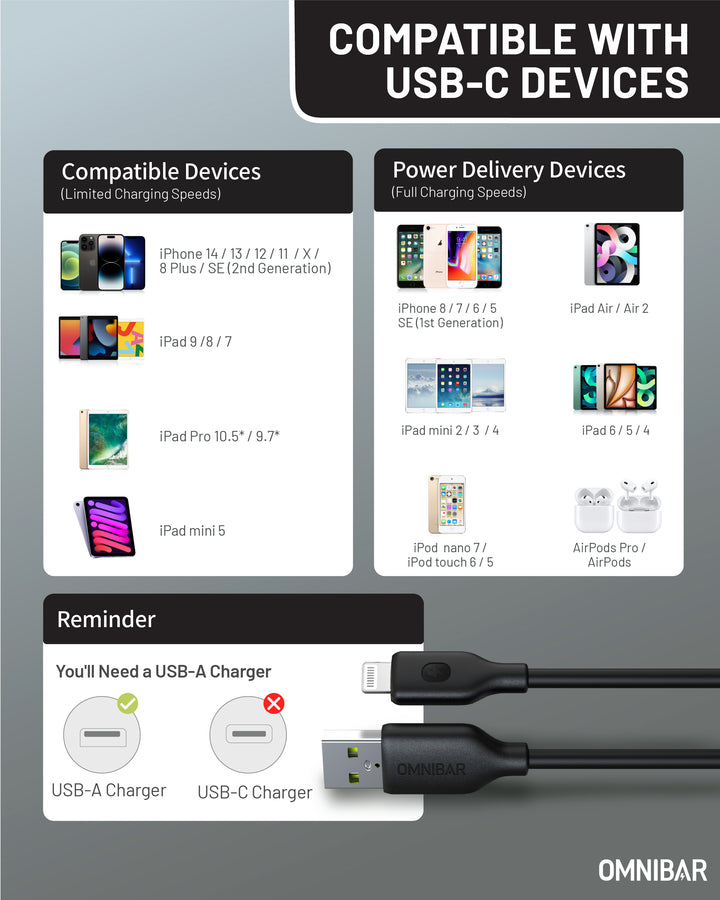 Omnibar USB A to Lightning Cable (6FT, Silicone, Black)