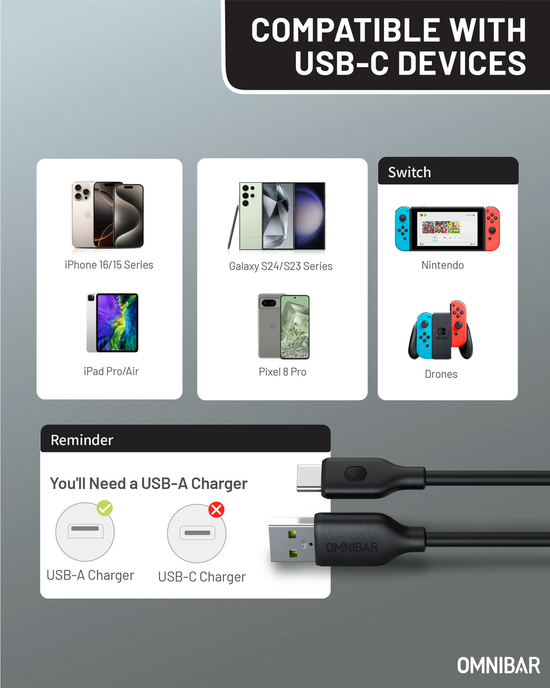 Omnibar USB A to USB C Cable (6FT, Silicone, Black)