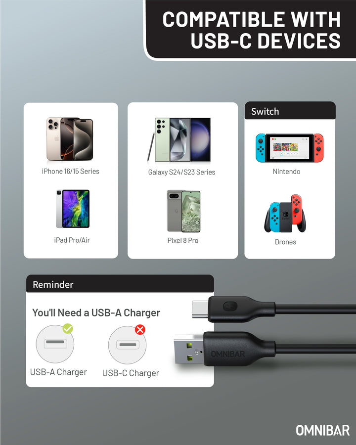 Omnibar USB A to USB C Cable (6FT, Silicone, Black)