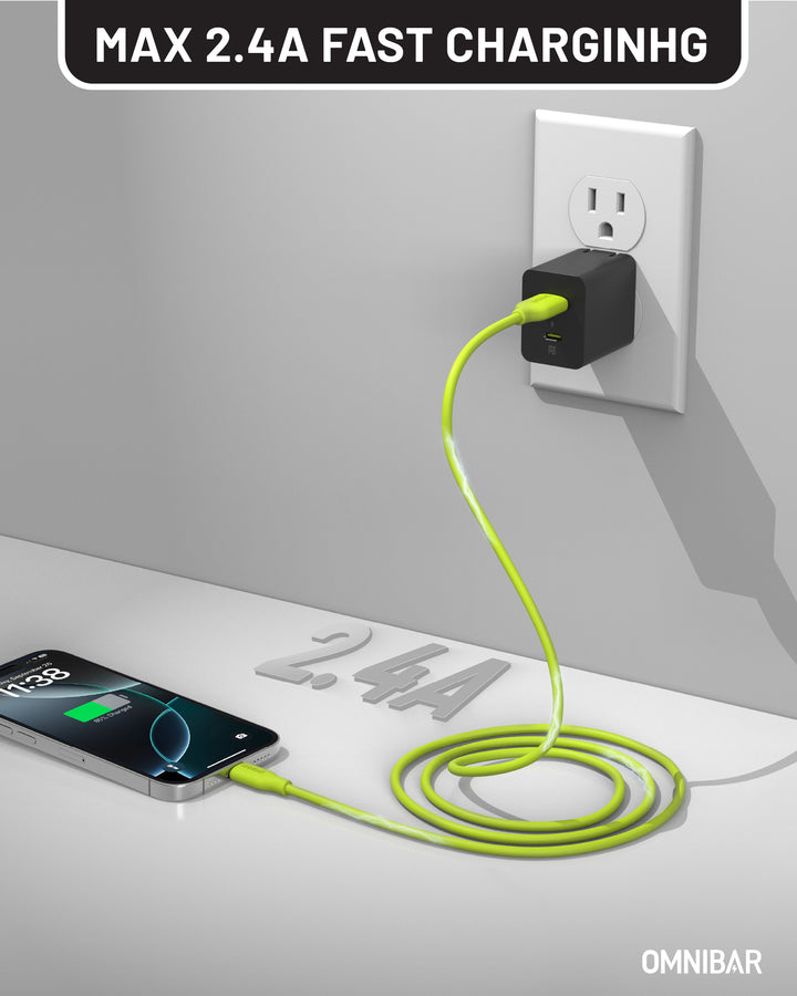 Omnibar USB A to Lightning Cable (6FT, Silicone, Lime Green)