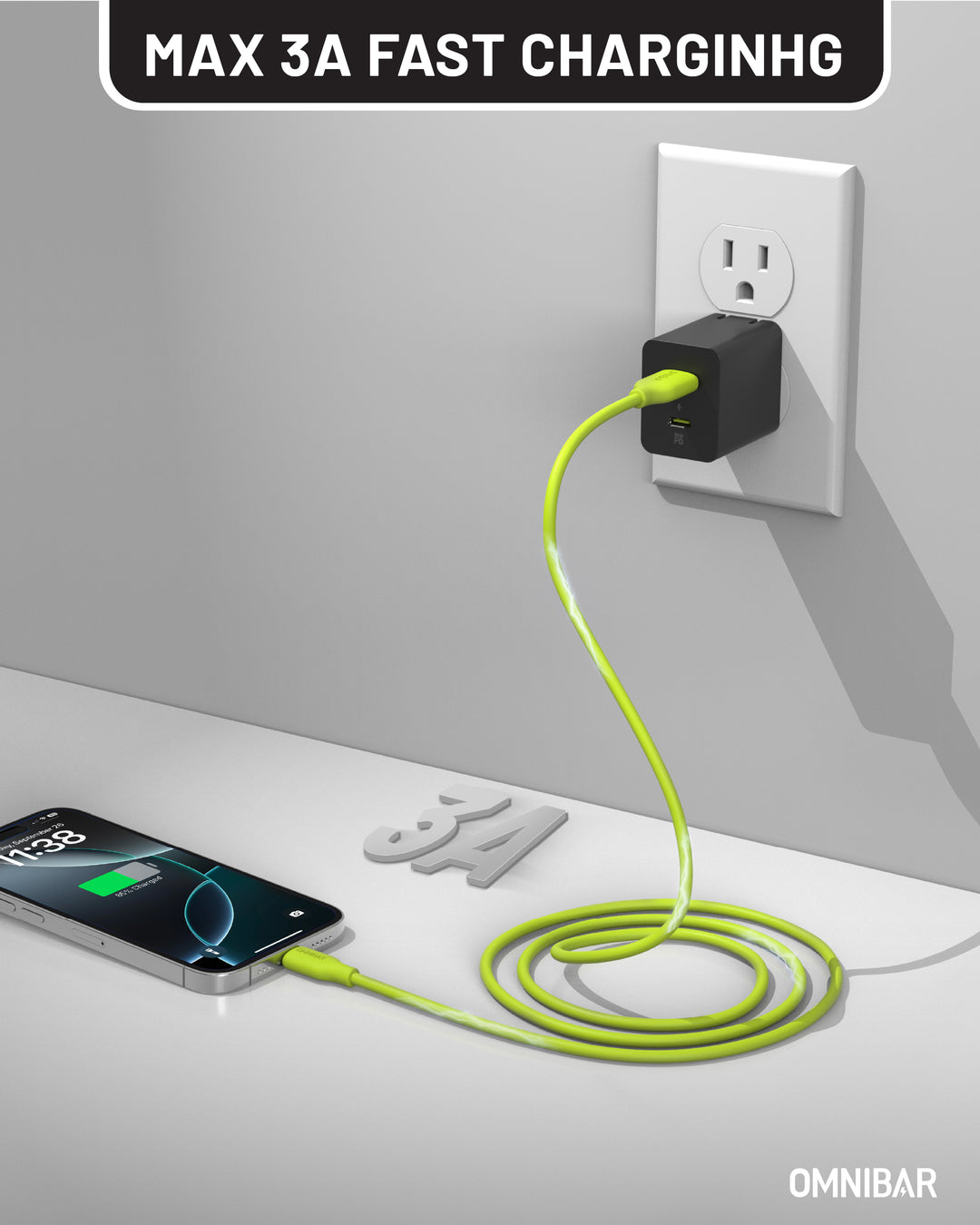 Omnibar USB A to USB C Cable (6FT, Silicone, Lime Green)