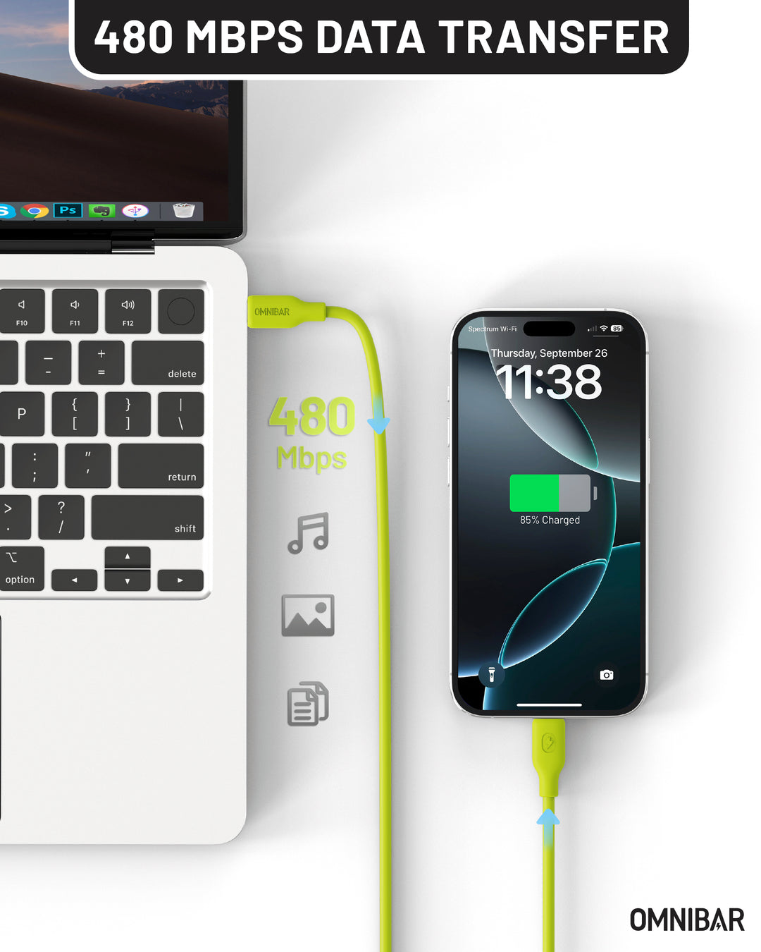 Omnibar 240W USB C to USB C Cable (6FT, Silicone, Lime Green)