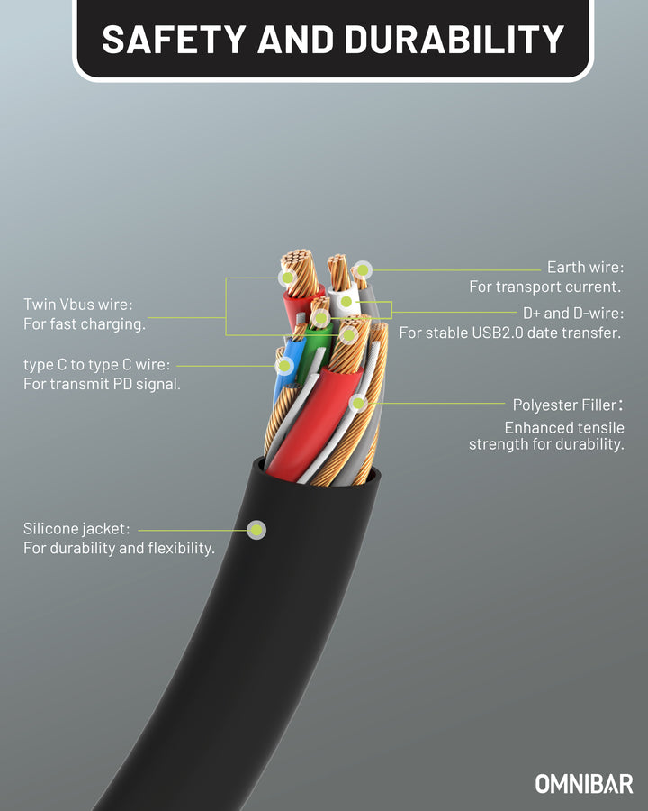 Omnibar 240W USB C to USB C Cable (6FT, Silicone, Black)