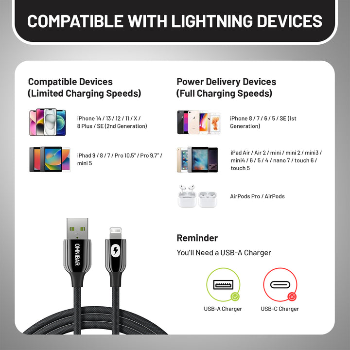 Omnibar USB A to Lightning Cable (6FT, Braided, Black)