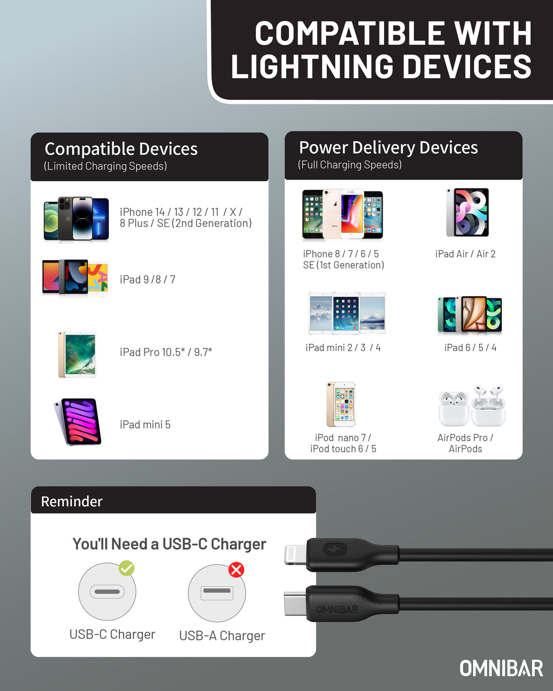 Omnibar USB C to Lightning Cable (6FT, Silicone, Black)