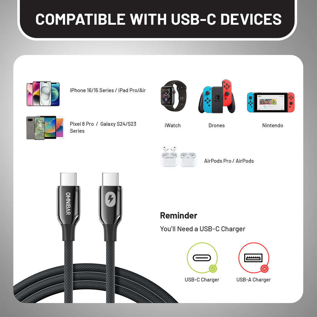 Omnibar 240W USB C to USB C Cable (6FT, Braided, Black)