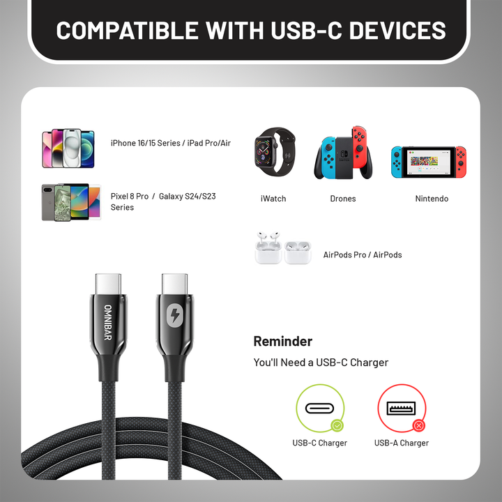 Omnibar 240W USB C to USB C Cable (6FT, Braided, Black)