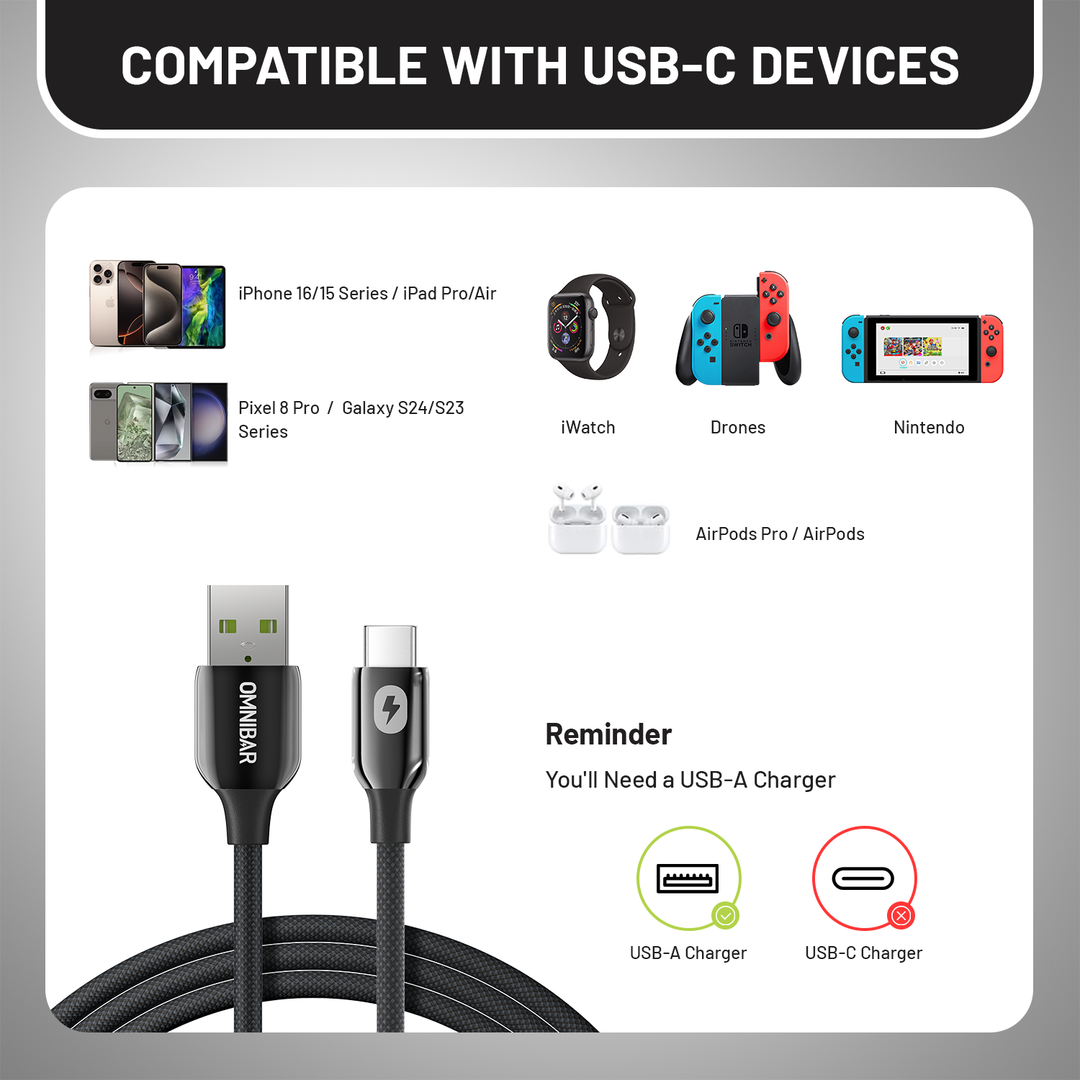 Omnibar USB A to USB C Cable (6FT, Braided, Black)