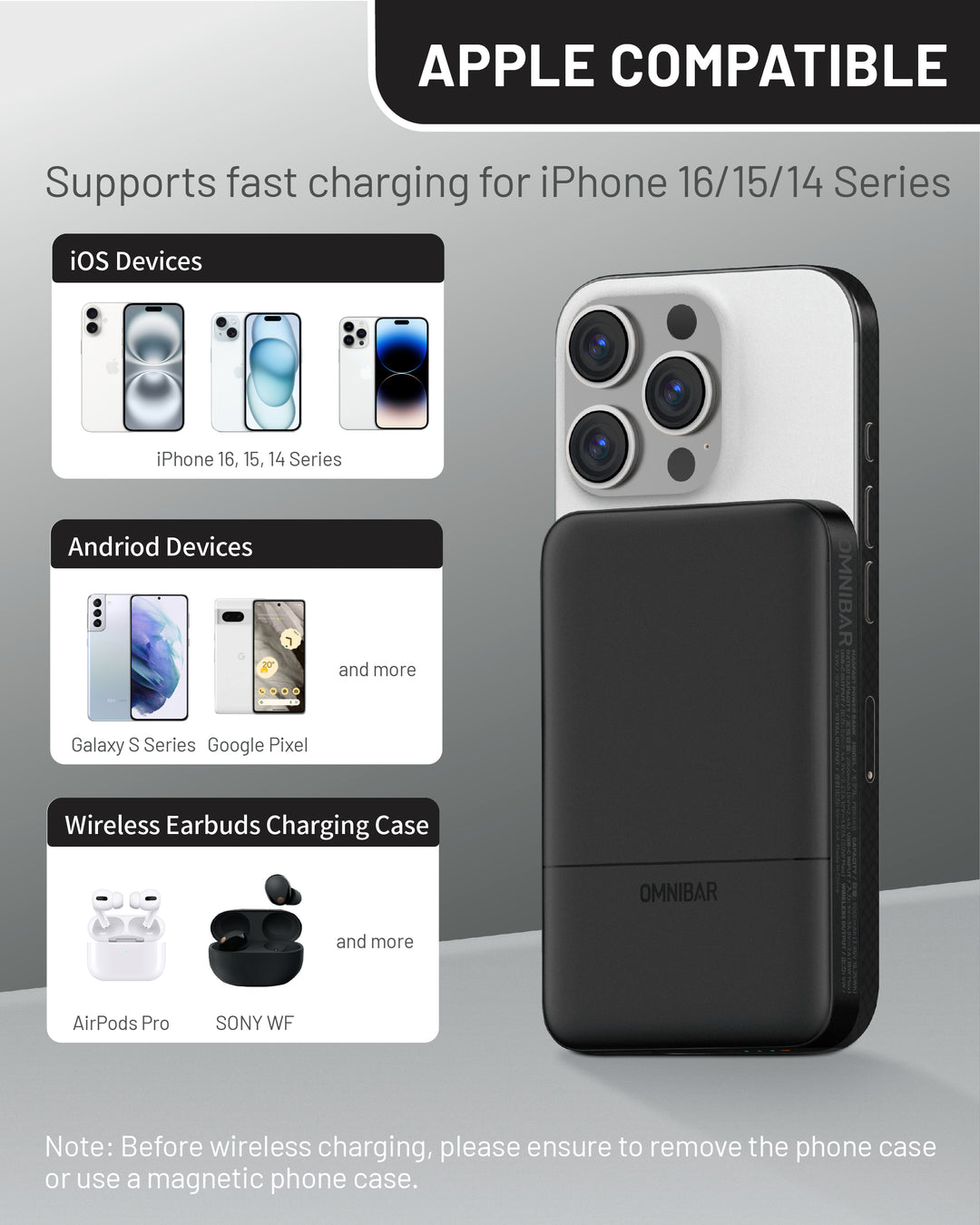 Omnibar 5,000mAh Magnetic Wireless Power Bank, Black