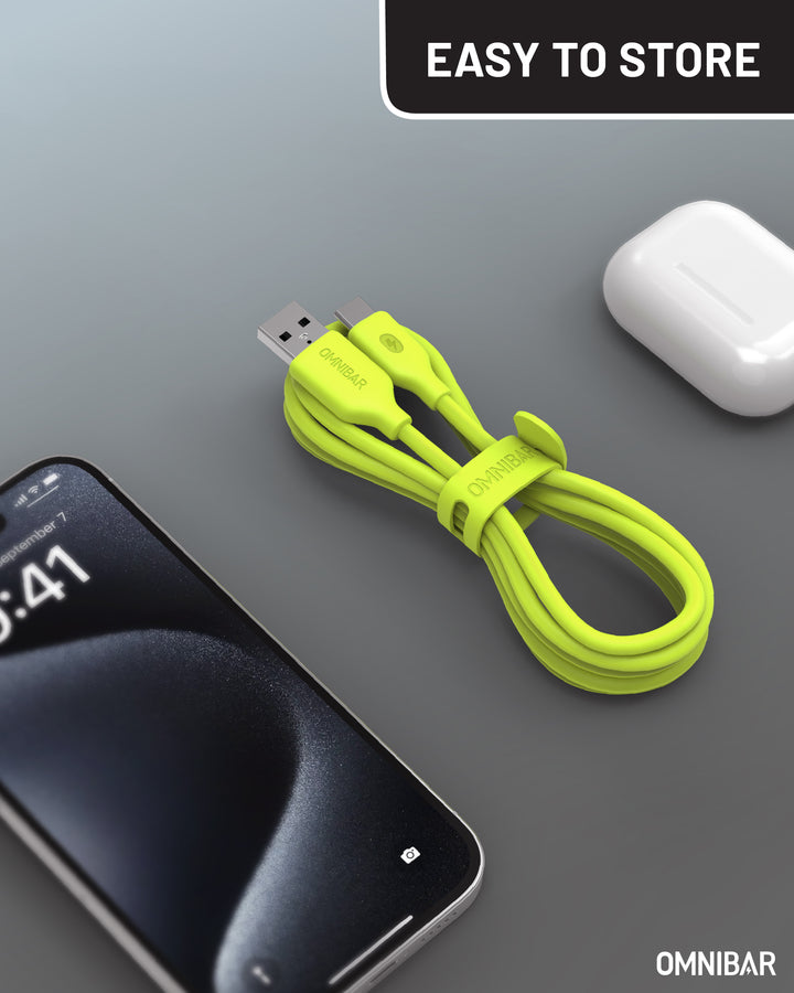 Omnibar USB A to USB C Cable (6FT, Silicone, Lime Green)