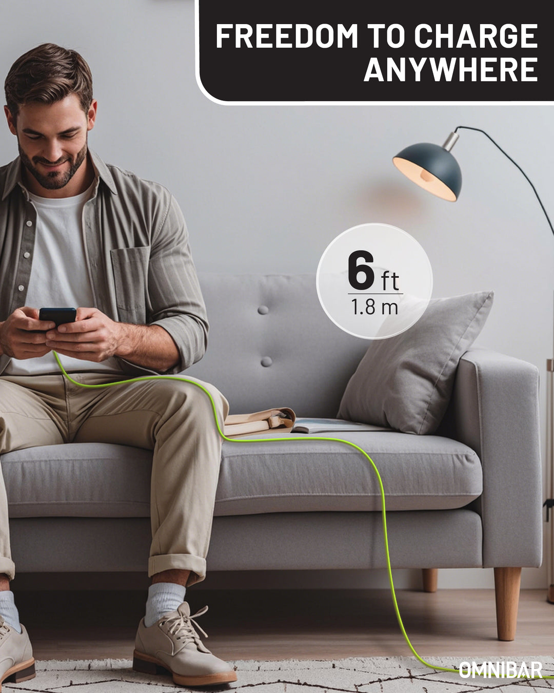 Omnibar USB A to USB C Cable (6FT, Silicone, Lime Green)