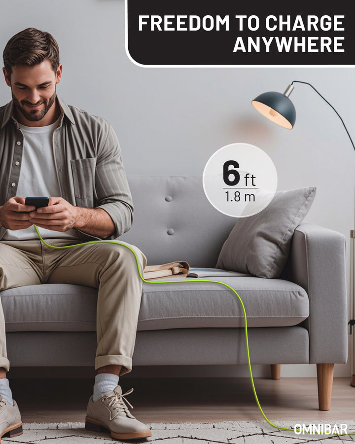 Omnibar USB A to USB C Cable (6FT, Silicone, Lime Green)