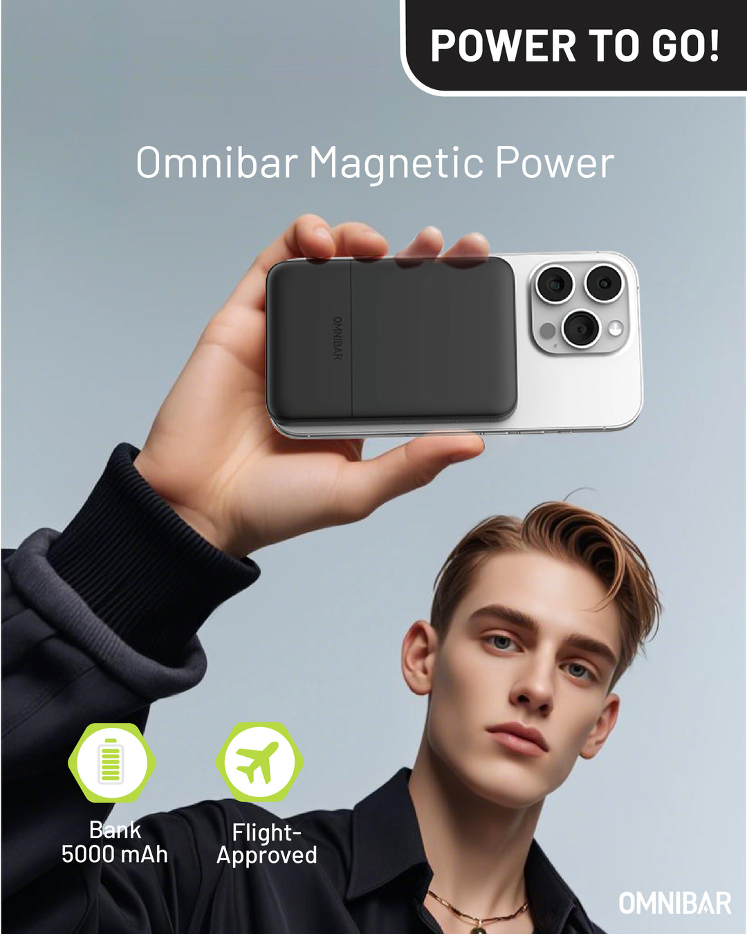 Omnibar 5,000mAh Magnetic Wireless Power Bank, Black