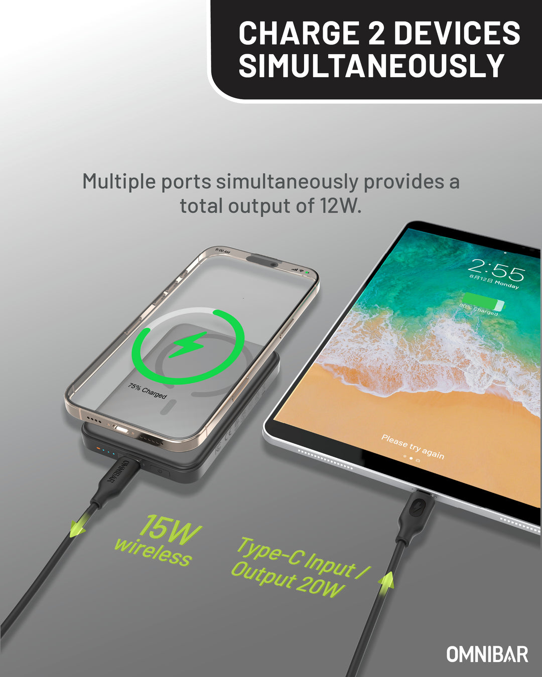 Omnibar 5,000mAh Magnetic Wireless Power Bank, Black