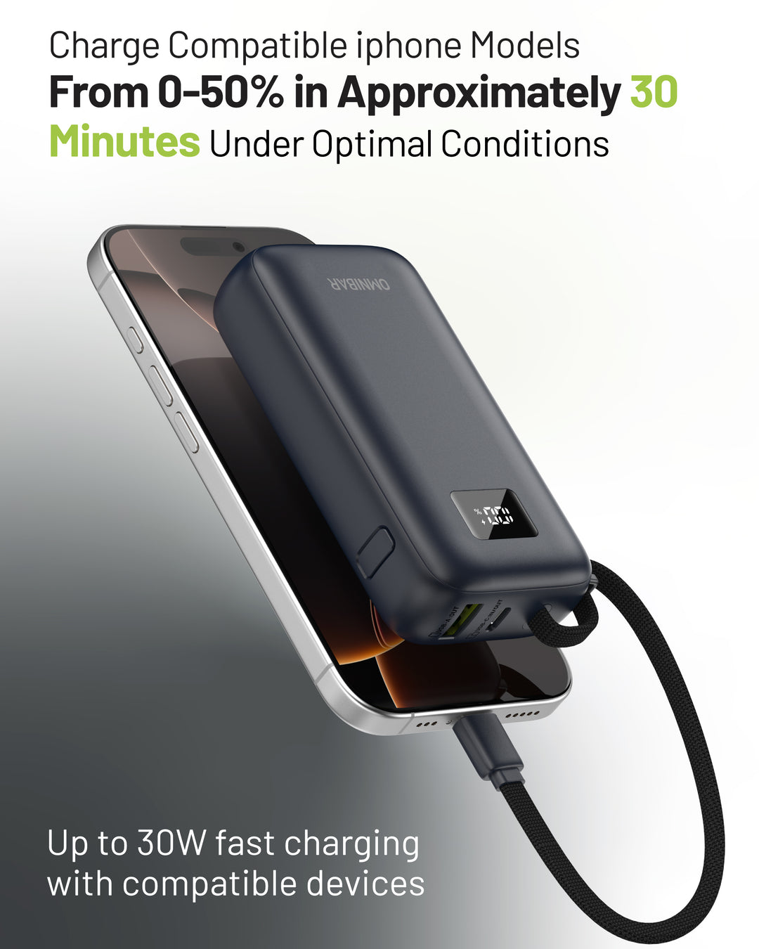 Zuma 10,000mAh Cable-Connect Power Bank, PD30W, Cosmic Black