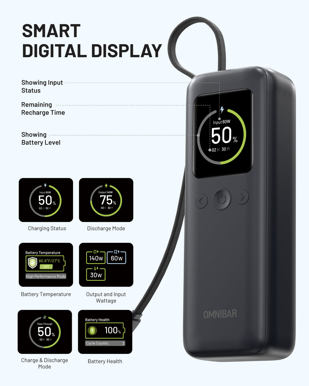 Aero 20,000mAh 3-Port Laptop Power Bank, PD140W, Space Gray