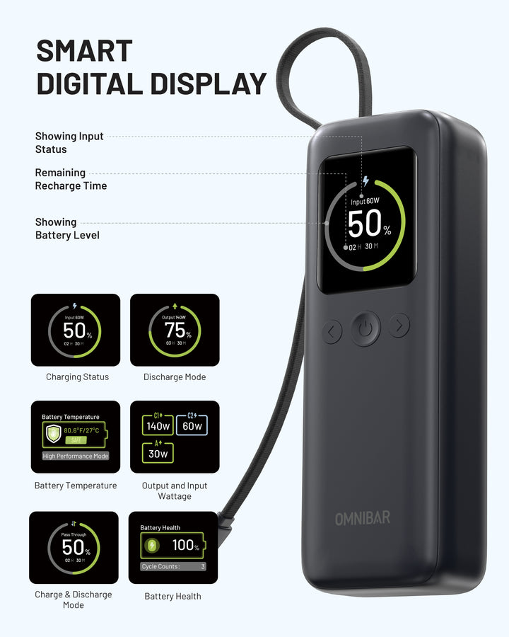 Aero 20,000mAh 3-Port Laptop Power Bank, PD140W, Space Gray