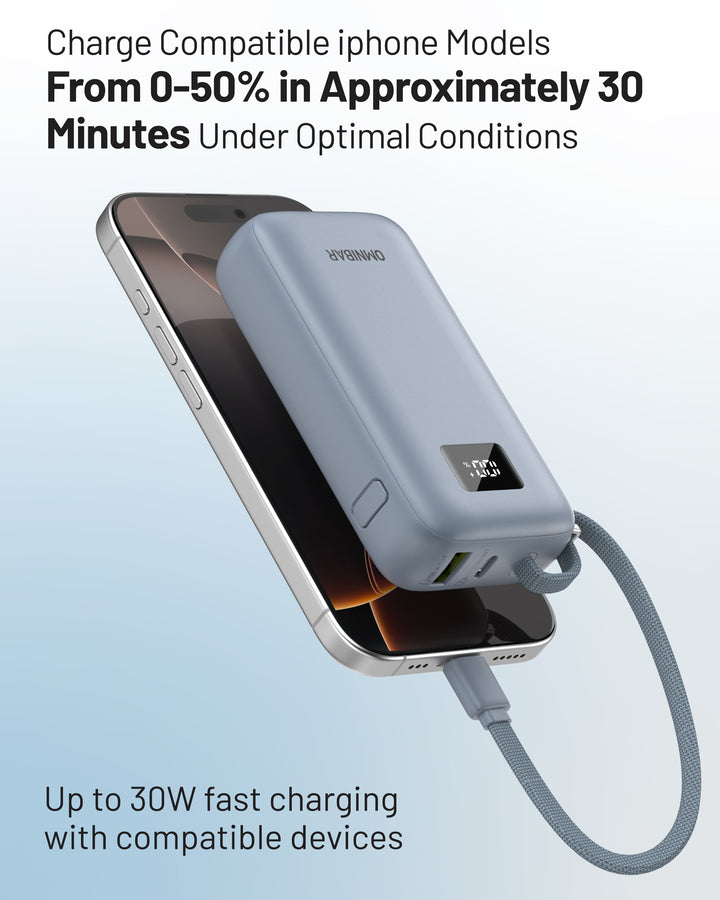 Omnibar 10,000mAh Cable-Connect Power Bank, PD30W, Ice Lake Blue