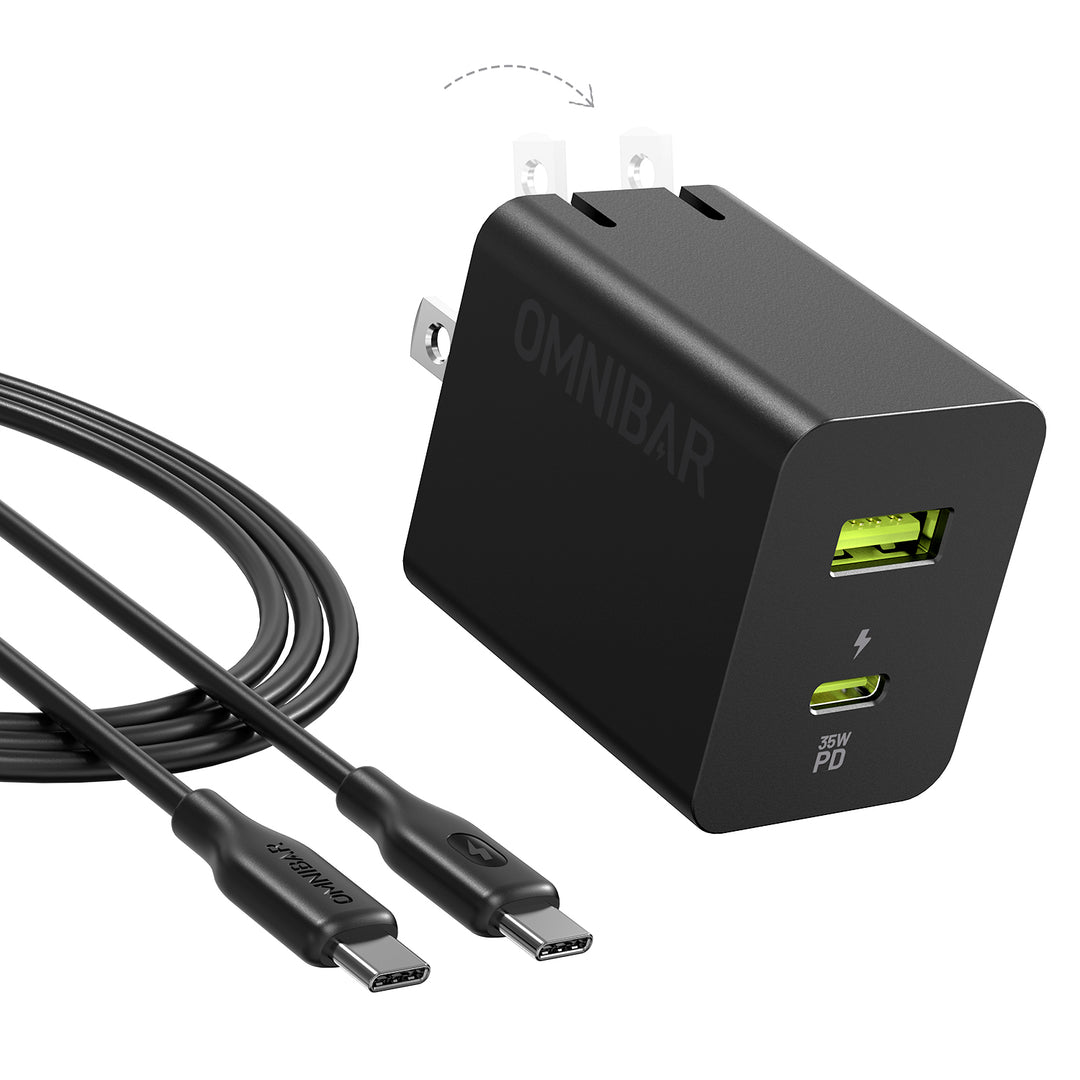 Omnibar  USB-C Foldable Fast Charger 35W with USB-C to USB-C Cable 4FT, Black
