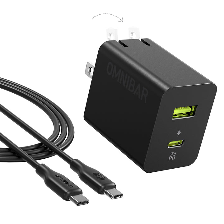 Omnibar  USB-C Foldable Fast Charger 35W with USB-C to USB-C Cable 4FT, Black