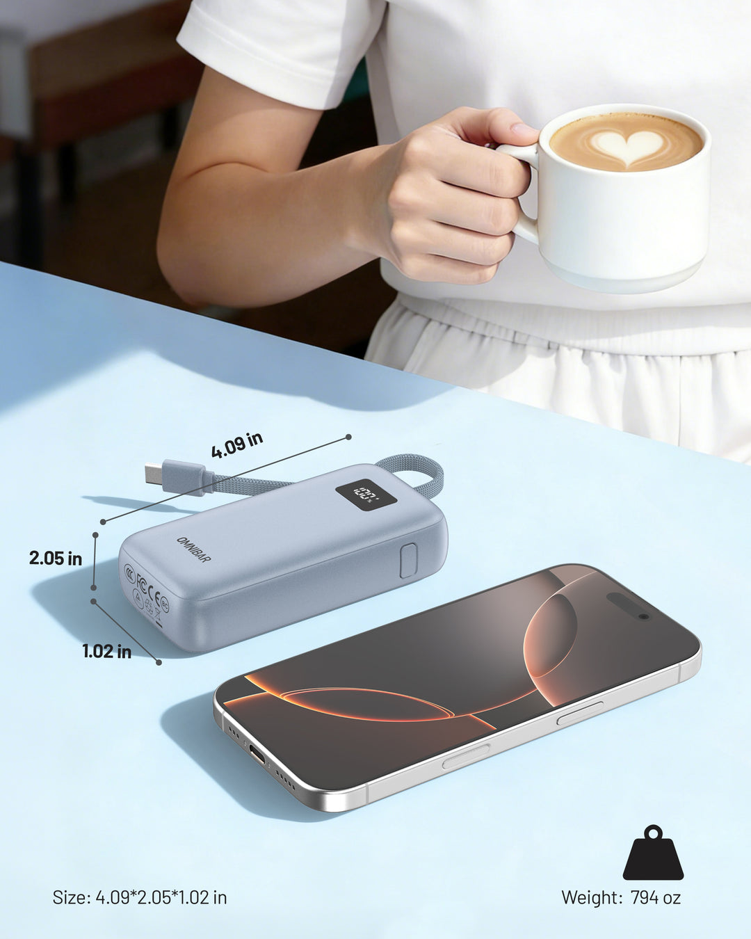 Omnibar 10,000mAh Cable-Connect Power Bank, PD30W, Ice Lake Blue