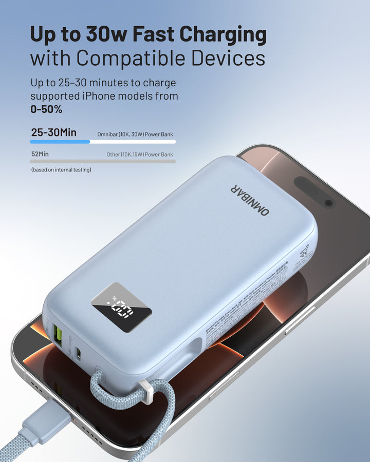 Omnibar 10,000mAh Cable-Connect Power Bank, PD30W, Ice Lake Blue