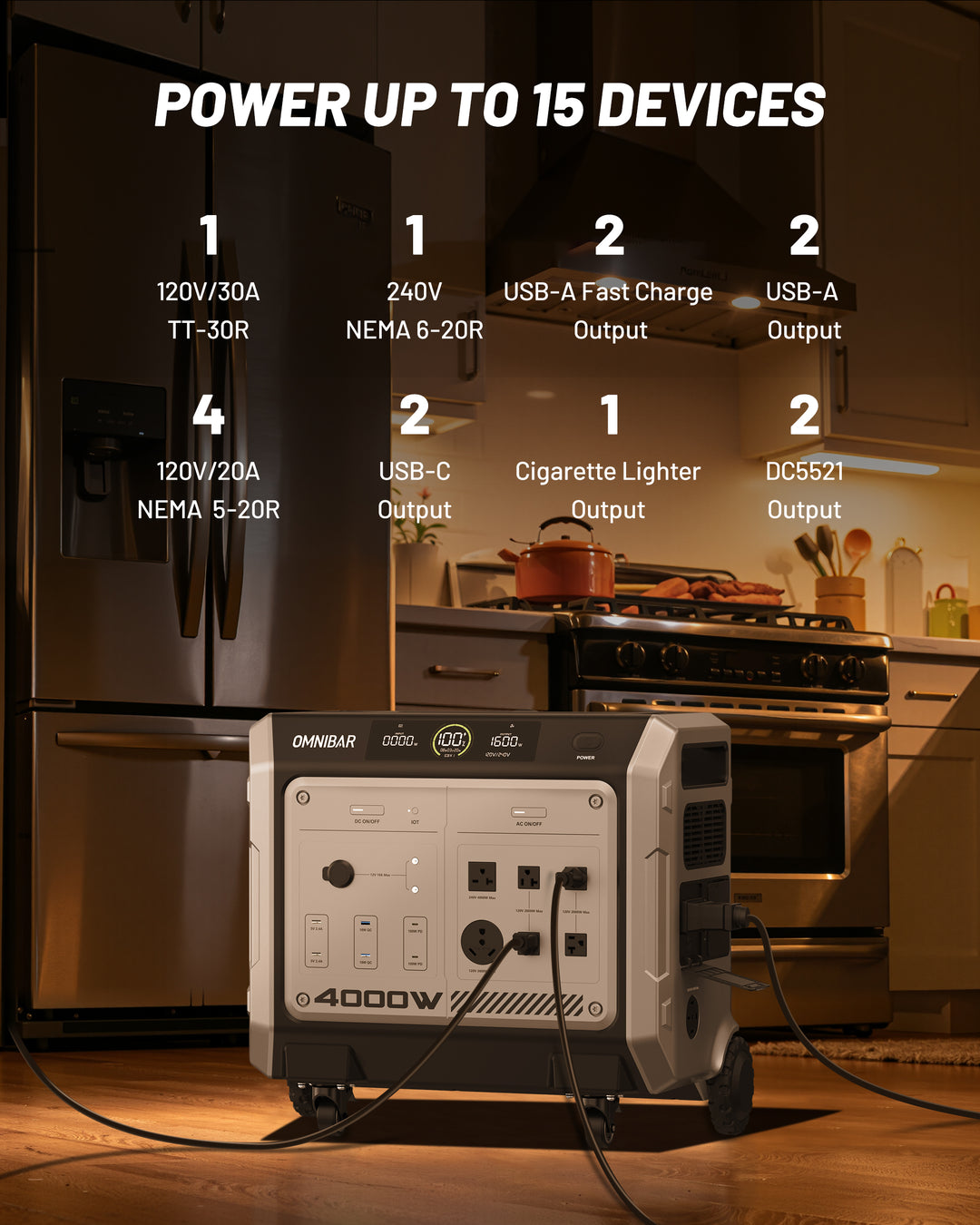 OMNIBAR 4000 Portable Power Station 4096Wh &amp; 400W Solar Panel, 4000W (Peak 4096W) LiFePO4 Battery,  3H Fast Charge, 15 Outlets, UPS 10ms, Solar Generator for Home Backup, Camping, RV, Emergencies
