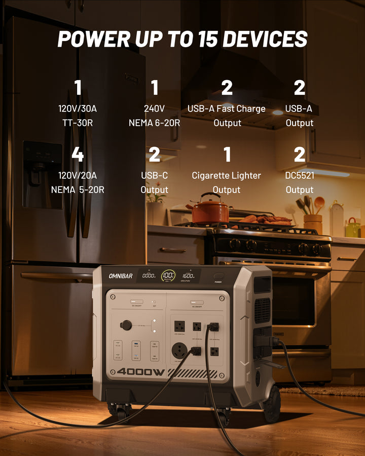 OMNIBAR 4000 Portable Power Station 4096Wh &amp; 400W Solar Panel, 4000W (Peak 4096W) LiFePO4 Battery,  3H Fast Charge, 15 Outlets, UPS 10ms, Solar Generator for Home Backup, Camping, RV, Emergencies