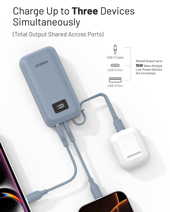 Omnibar 10,000mAh Cable-Connect Power Bank, PD30W, Ice Lake Blue