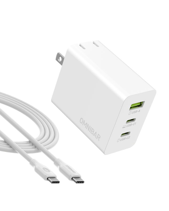 Kumo 65W 3-Port USB C Wall Charger + USB-C to USB-C Cable, White