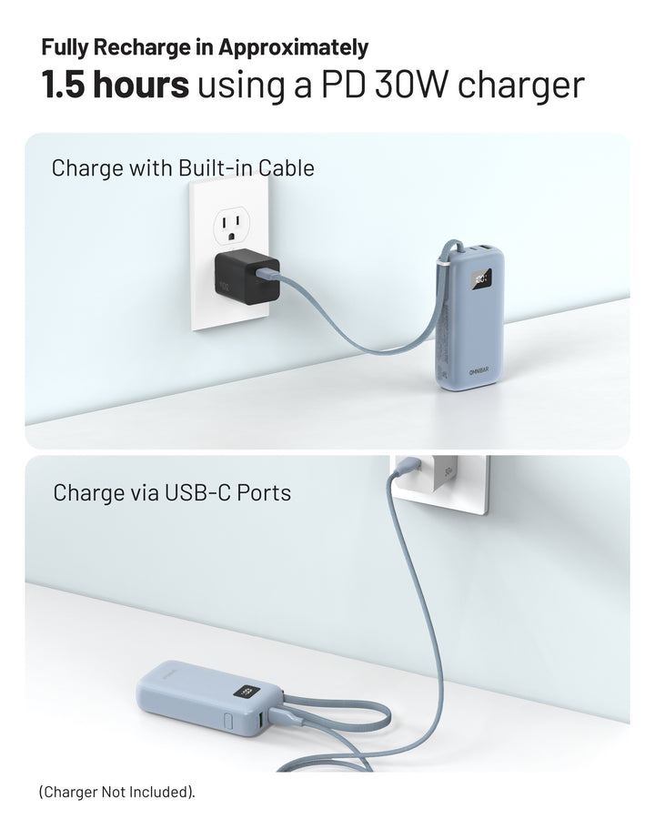 Omnibar 10,000mAh Cable-Connect Power Bank, PD30W, Ice Lake Blue