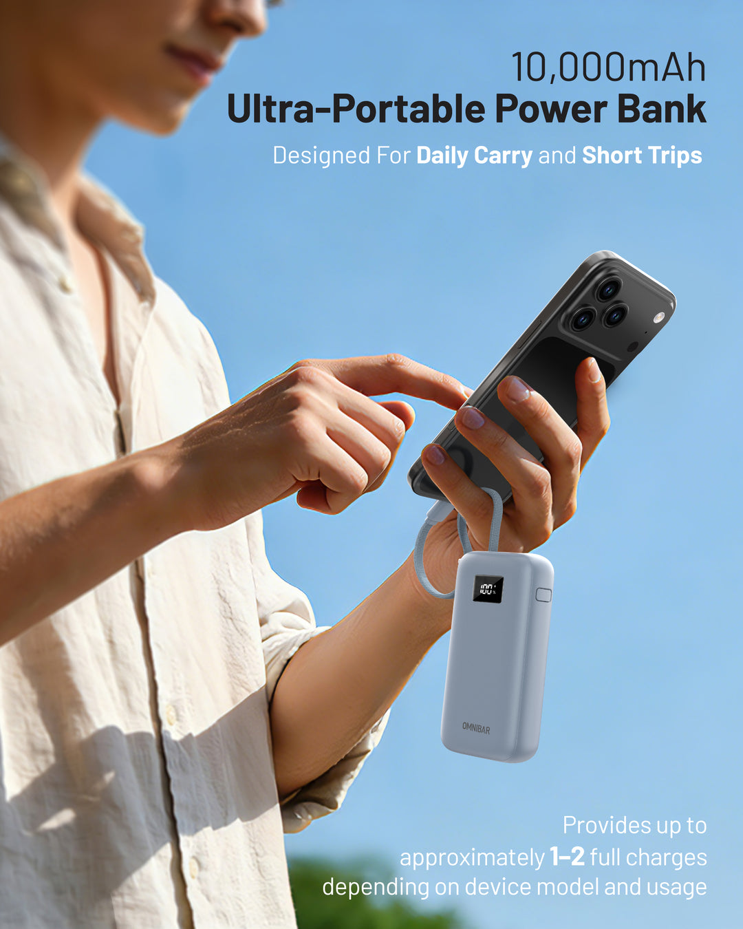 Omnibar 10,000mAh Cable-Connect Power Bank, PD30W, Ice Lake Blue