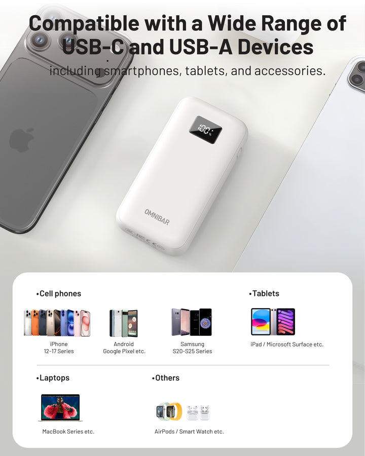 Omnibar 10,000mAh Portable Power Bank, PD30W, Ivory White