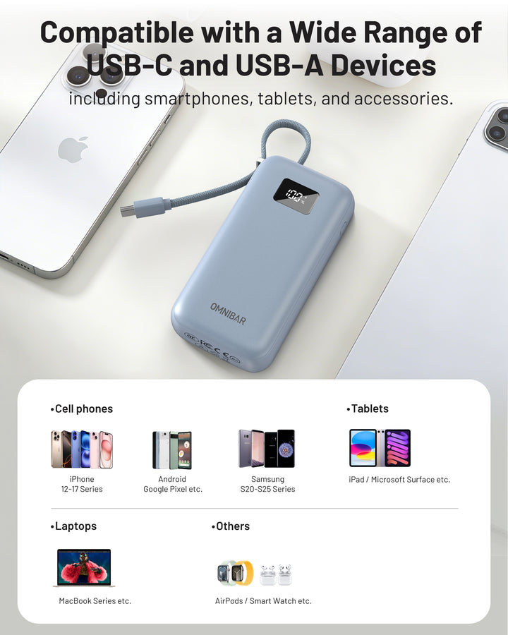 Omnibar 10,000mAh Cable-Connect Power Bank, PD30W, Ice Lake Blue