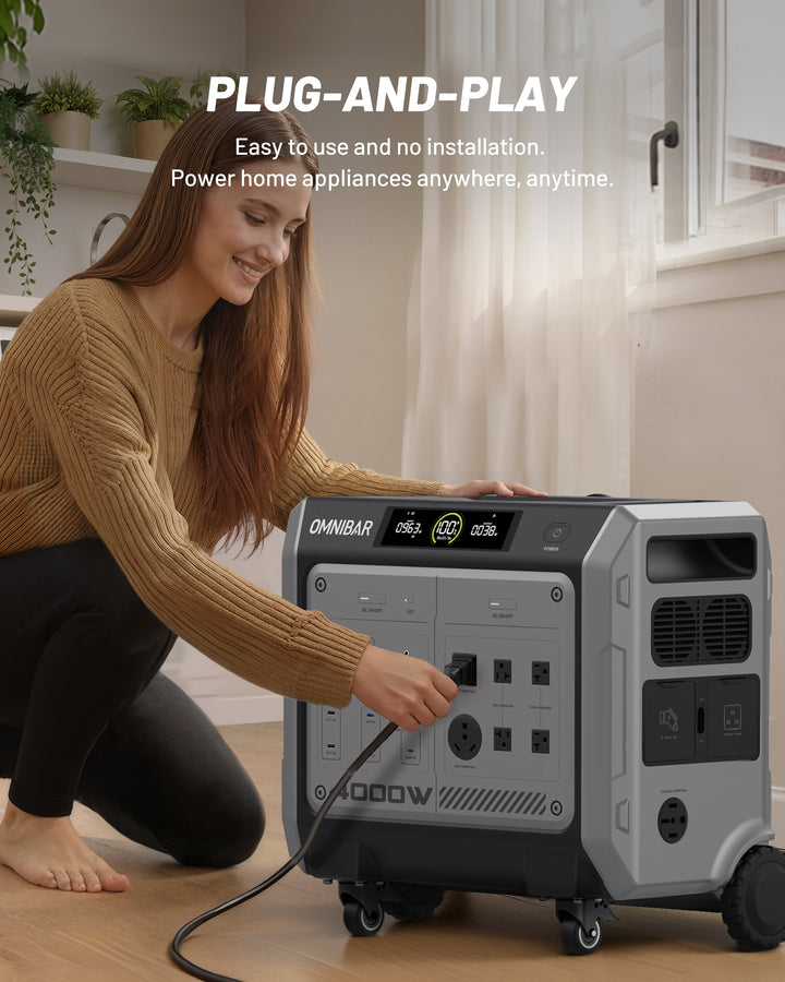 OMNIBAR 4000 Portable Power Station 4096Wh &amp; 400W Solar Panel, 4000W (Peak 4096W) LiFePO4 Battery,  3H Fast Charge, 15 Outlets, UPS 10ms, Solar Generator for Home Backup, Camping, RV, Emergencies