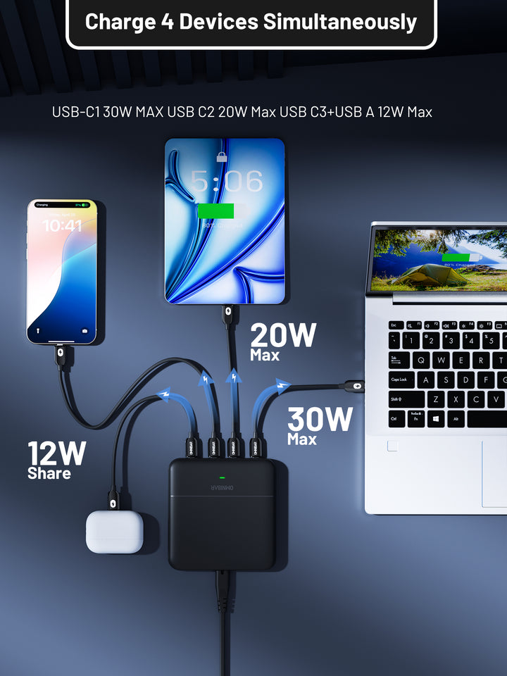 Omnibar USB C Charger, 4-Port Charging Station (67W Max), Black