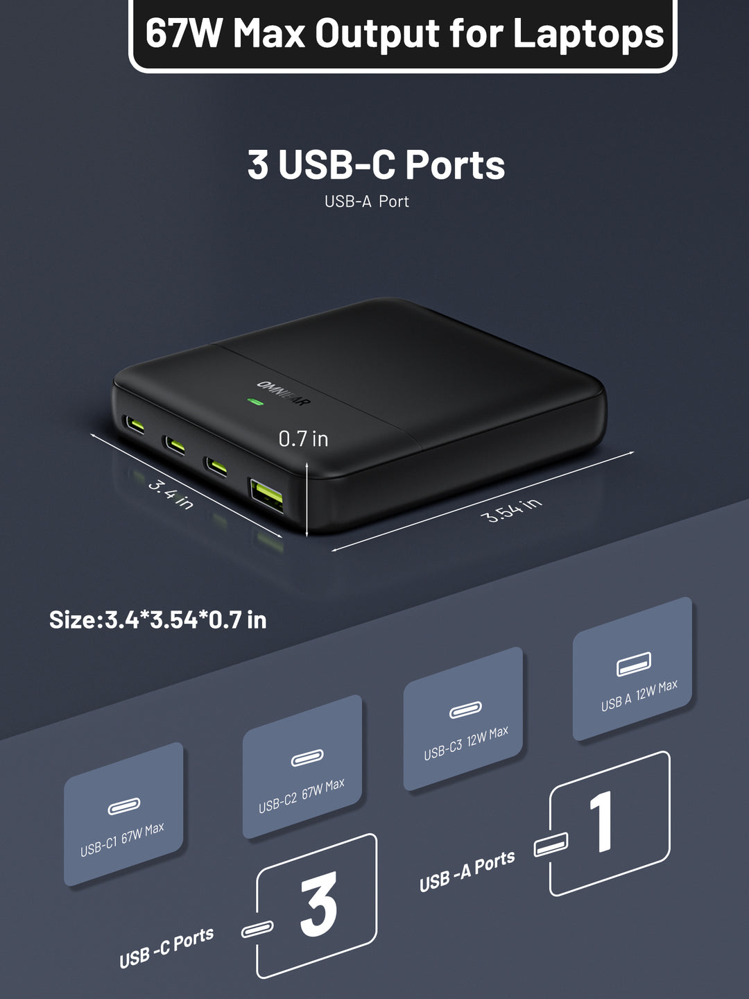Omnibar USB C Charger, 4-Port Charging Station (67W Max), Black