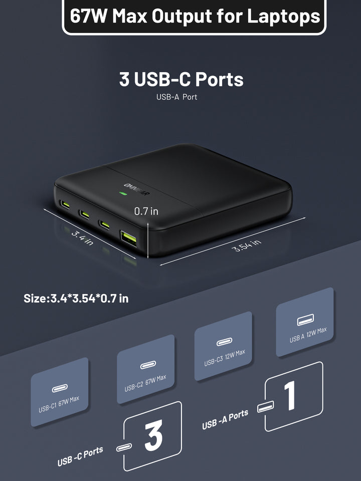 Omnibar USB C Charger, 4-Port Charging Station (67W Max), Black